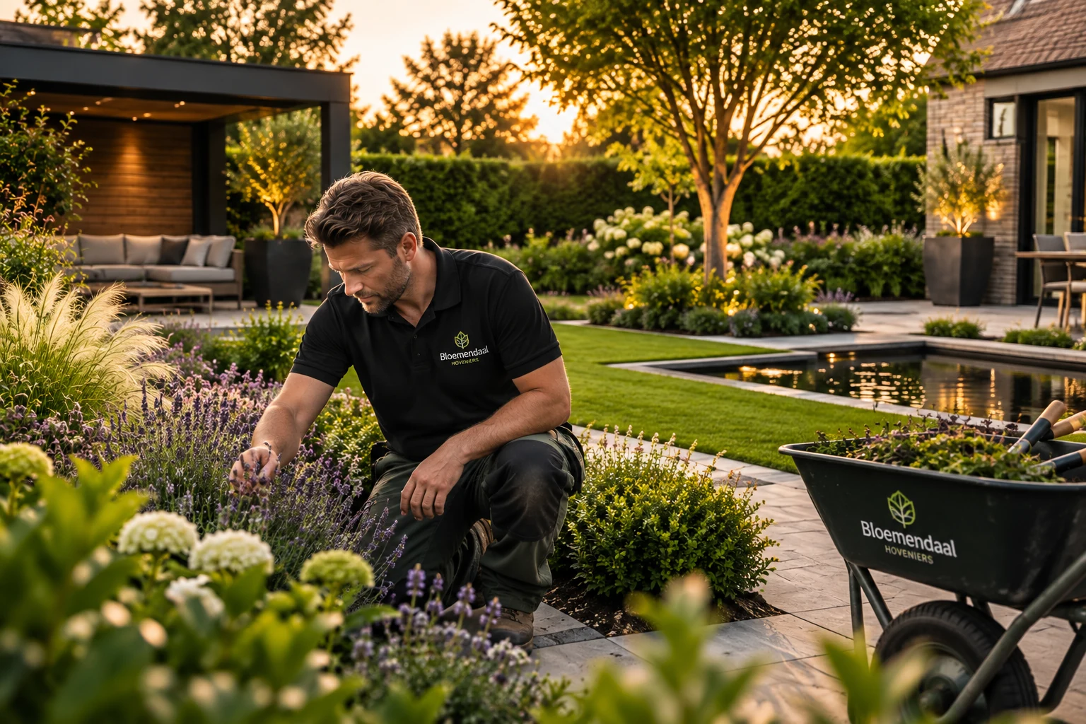 Het team van Bloemendaal Exclusieve Tuinen aan het werk in een aangelegde tuin