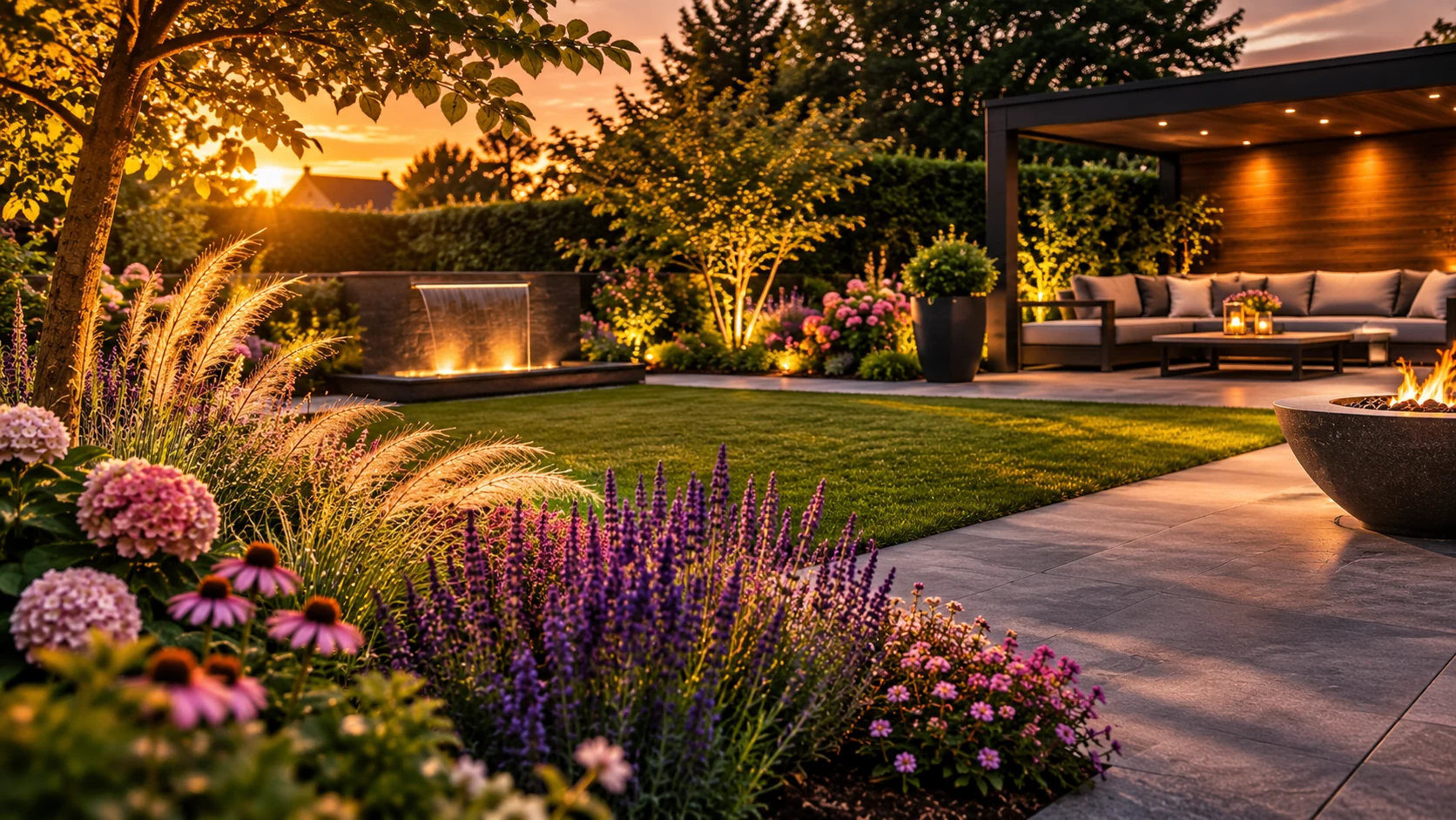 Sfeervolle exclusieve tuin in avondlicht