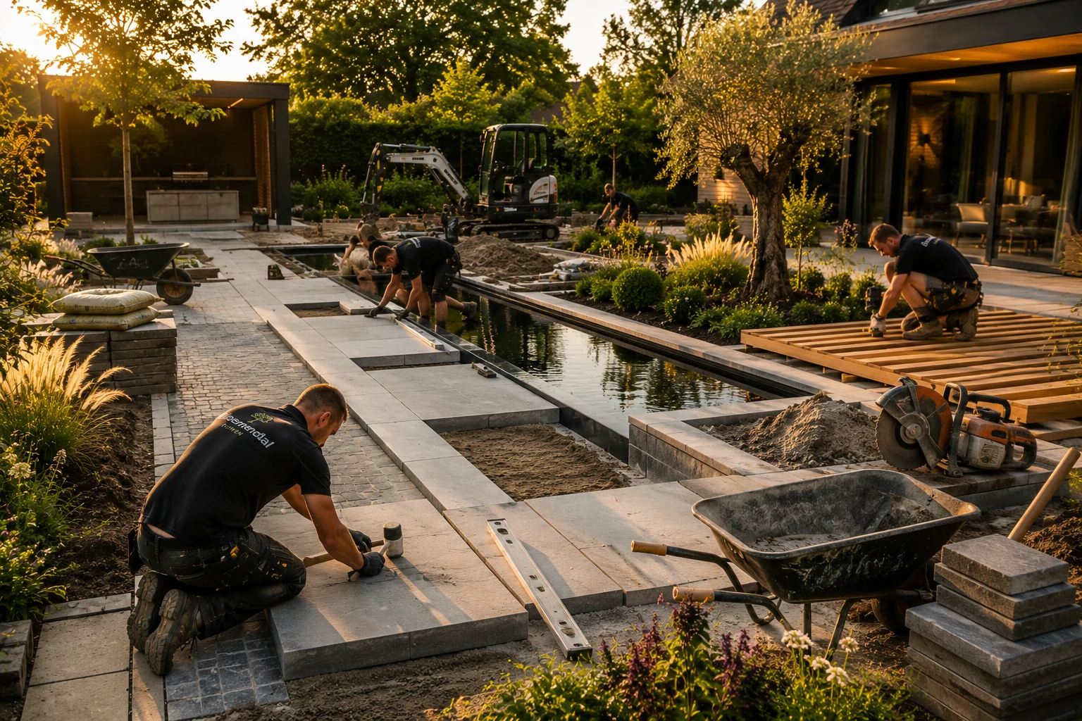 Aanlegfase: bestrating en constructie in een exclusieve tuin