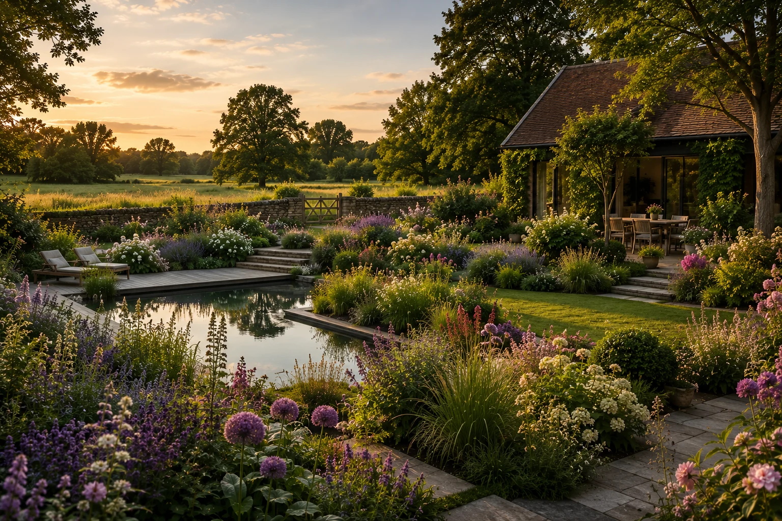 Landelijke tuin met gazon en natuurlijke border