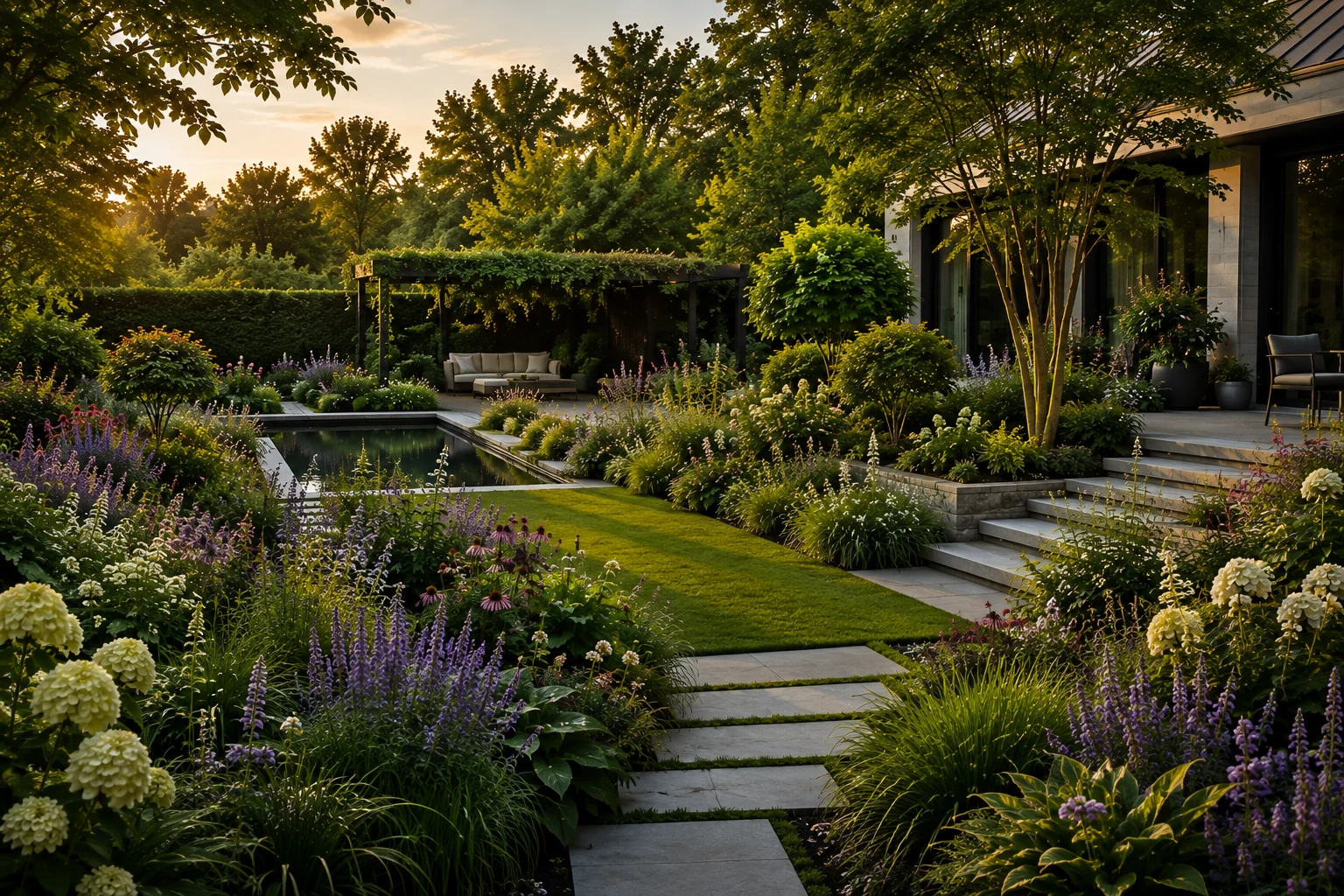 Moderne tuin met strakke lijnen en architecturale beplanting
